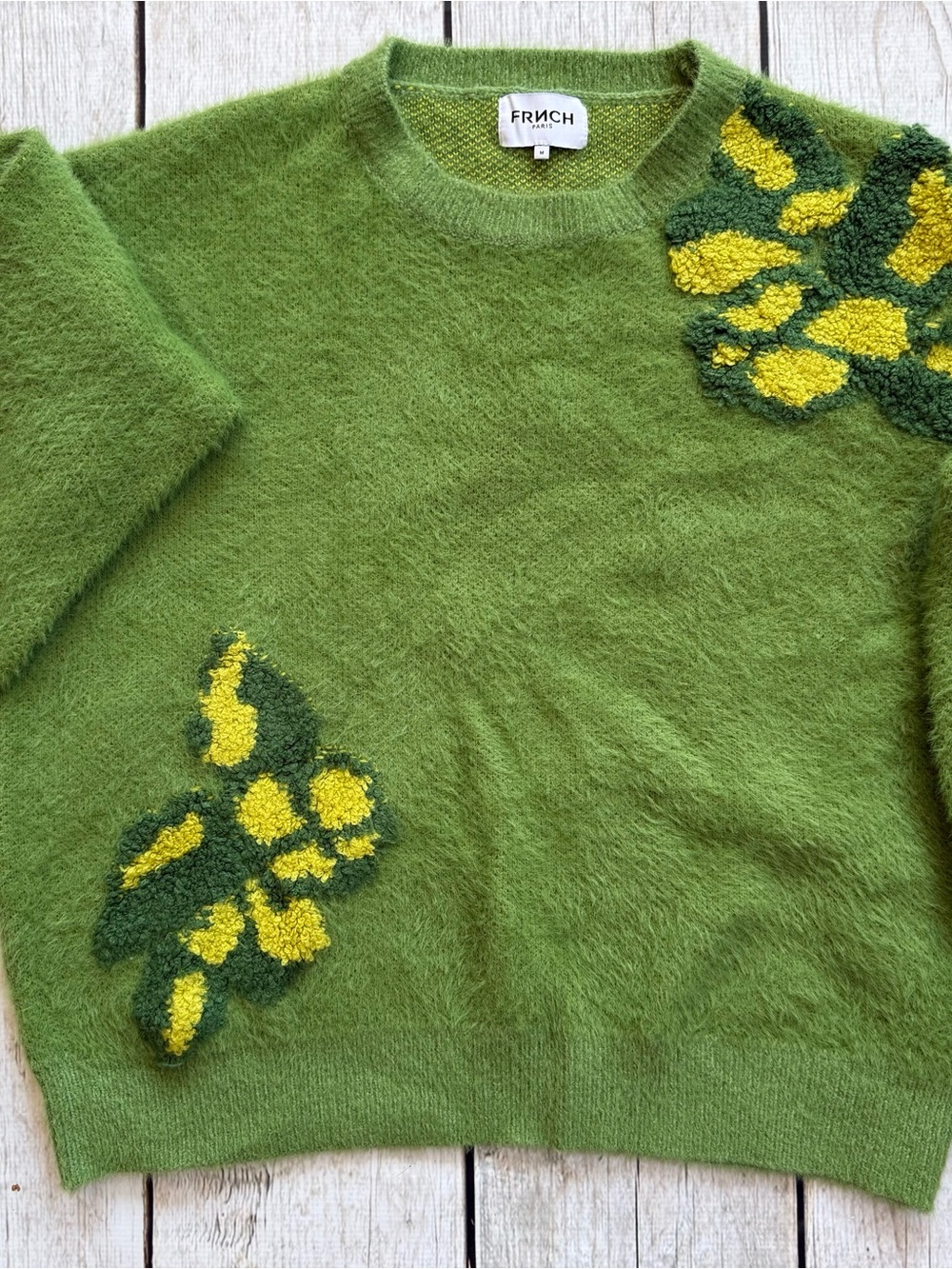 FRNCH Green Mohair-Blend Crewneck Sweater with Yellow Floral Accents